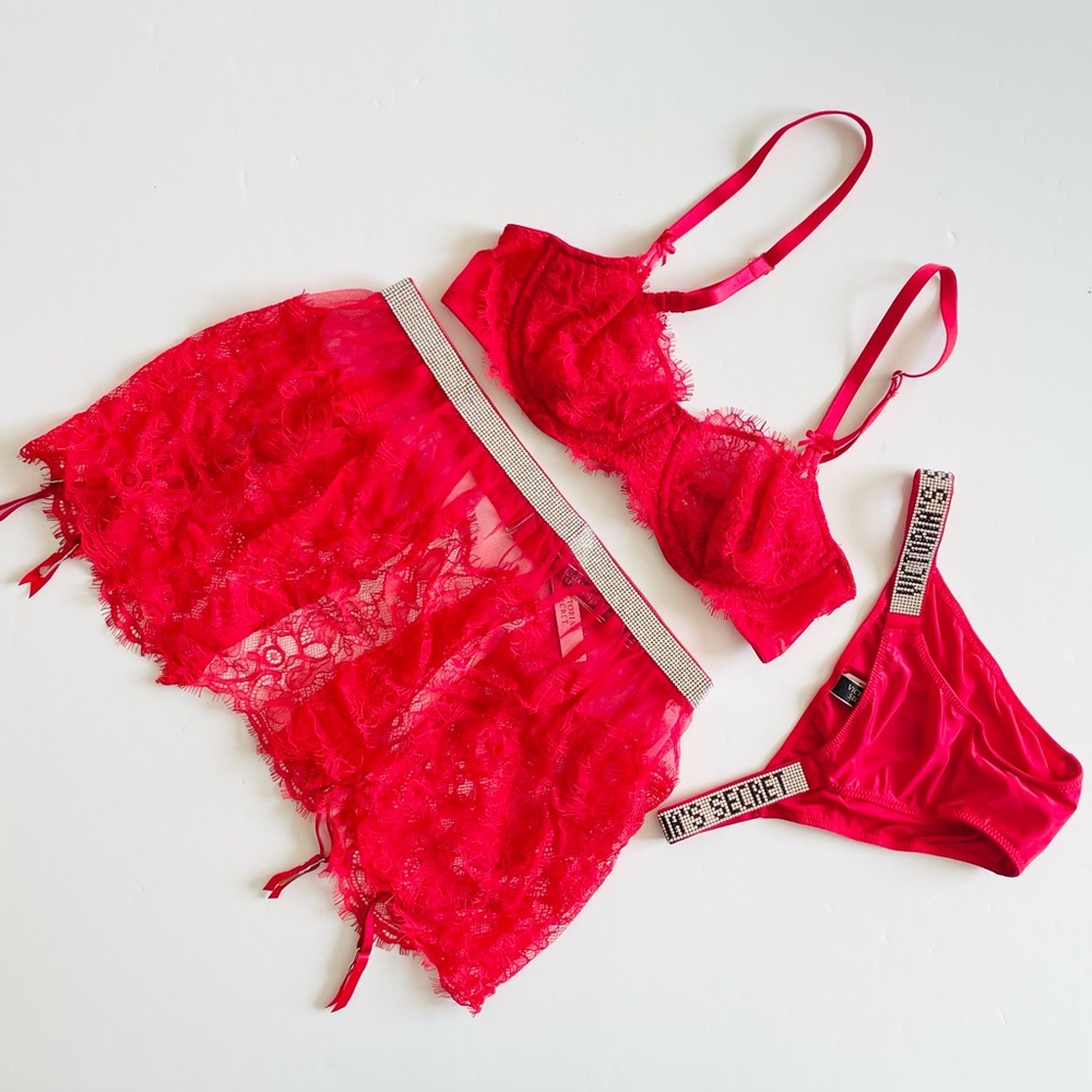 34B XS Victoria’s Secret 3PCS red bling lace bra set